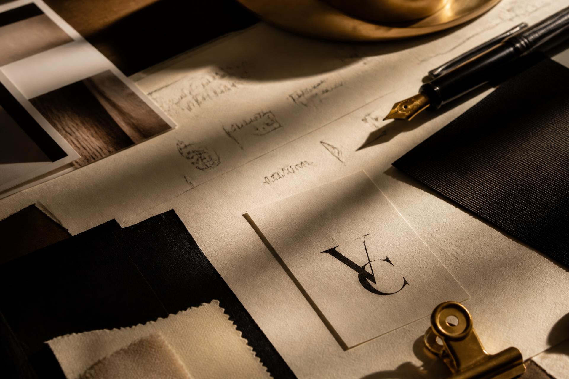 Editorial overhead view of a brand director's workspace